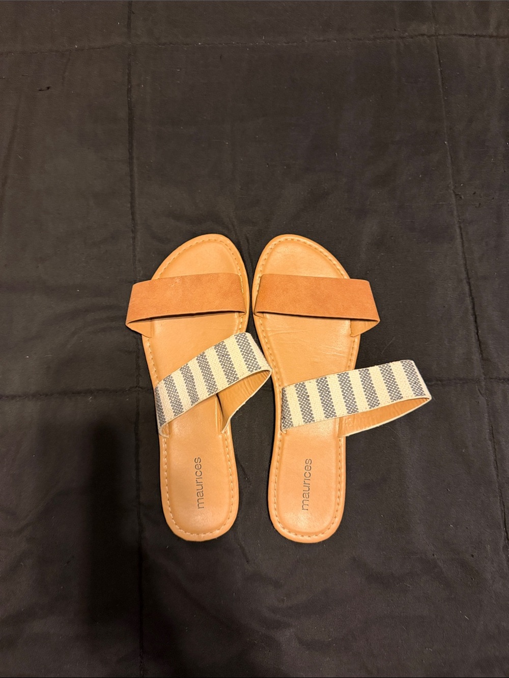 Maurices Tan Slide Sandals with Navy-and-White Striped Strap